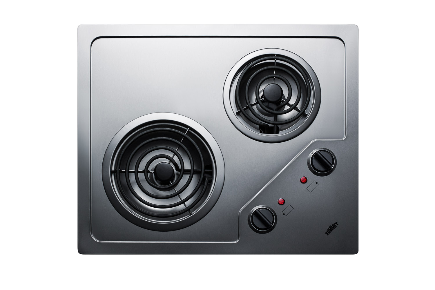 2-burner 120V electric cooktop designed for portrait or landscape installation, with coil elements and stainless steel finish